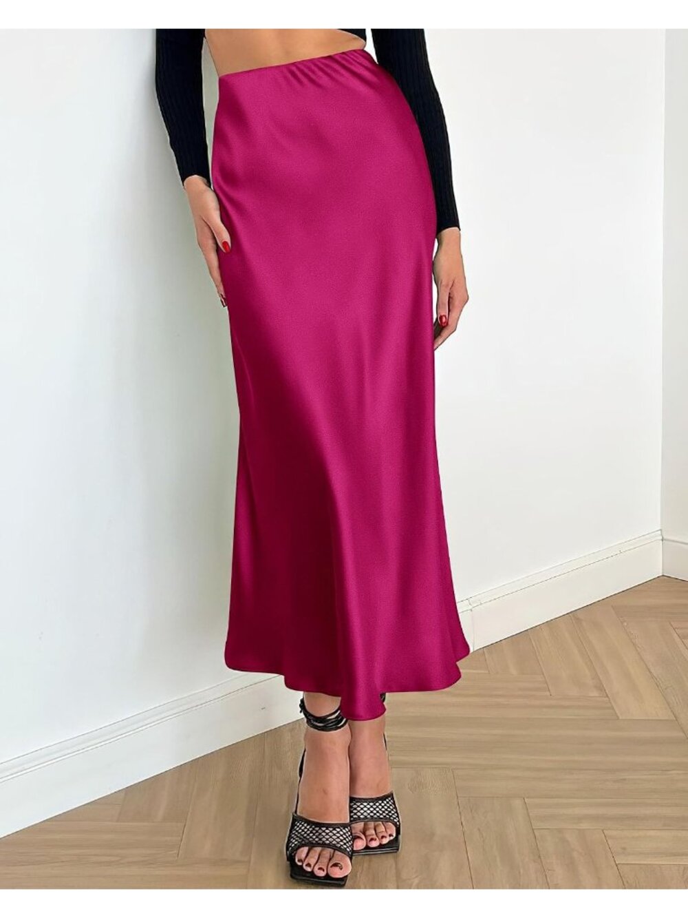 Women Rose Red High Waist Satin Elegant Slip Bias Cut Flowy Long Midi Skirt - Picture 2 of 6